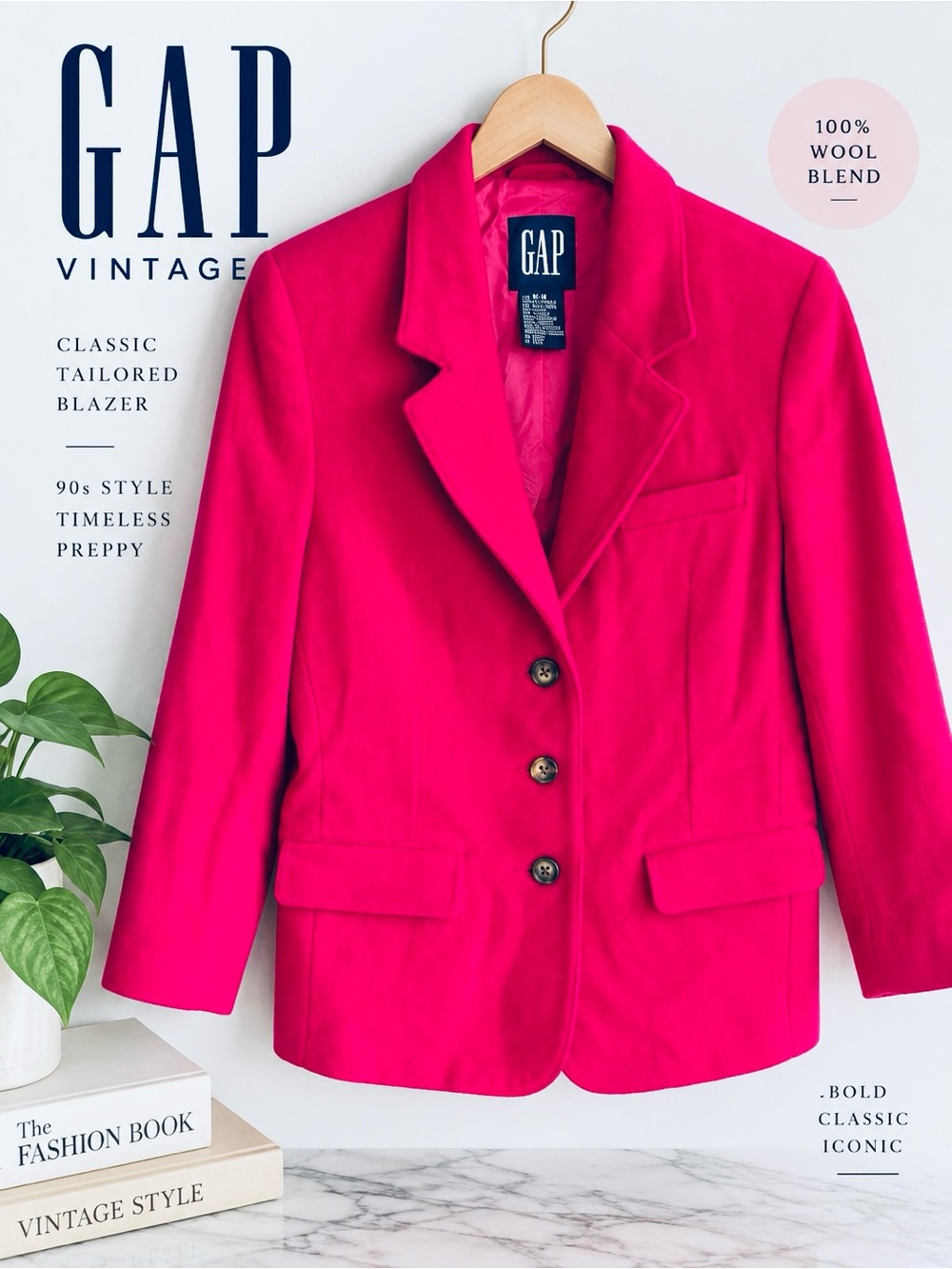 Vintage GAP Hot Pink Wool Blazer Jacket 90s Preppy Academia M